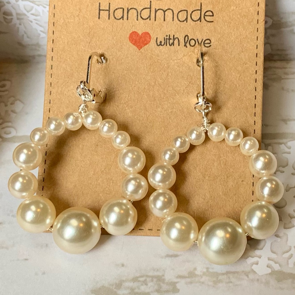 5/$15 Graduated Glass Pearls Hoops Handcrafted Silver Earrings